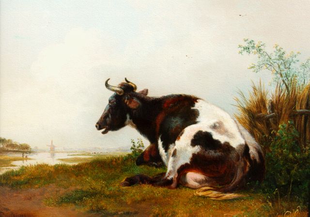 Pieter Gerardus van Os | Rustende koe langs de waterkant, olieverf op paneel, 22,0 x 28,5 cm, gesigneerd l.o. en gedateerd 1836
