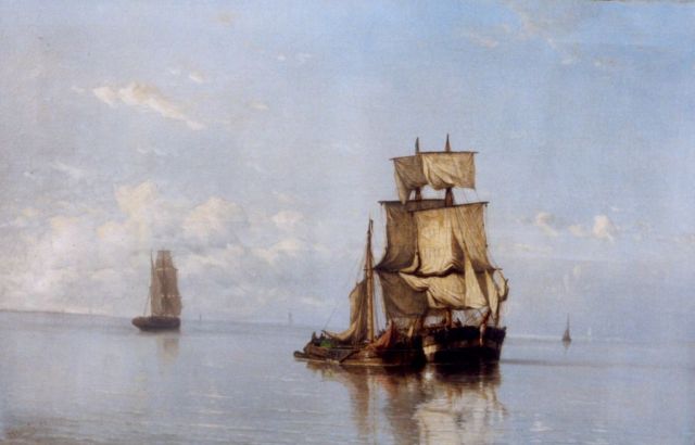 Jan Frederik Schütz | Drie schepen op kalme zee, olieverf op doek, 70,2 x 104,9 cm, gesigneerd l.o. en gedateerd '77
