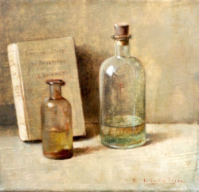 Evert Jan Ligtelijn | Stilleven met apothekersflesjes, olieverf op doek, 14,3 x 14,8 cm, gesigneerd r.o.