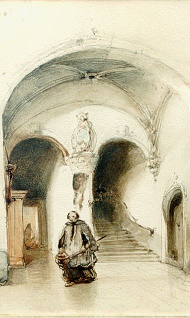 Johannes Bosboom | De sacristie, aquarel op papier, 19,5 x 12,5 cm, gesigneerd l.b.monogram