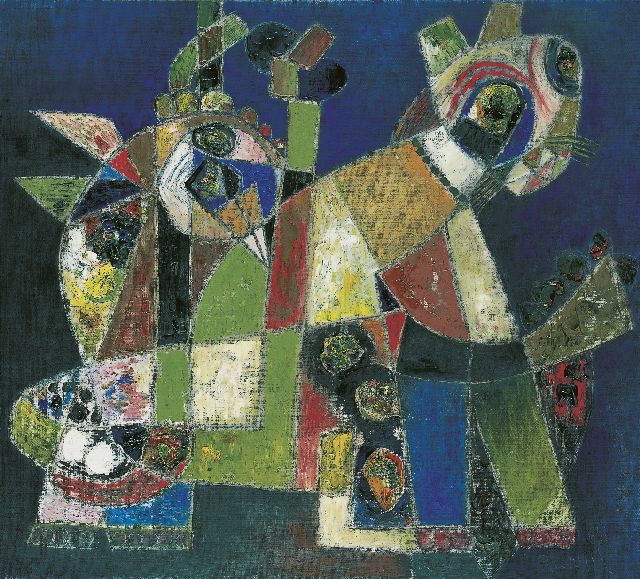 Quirijn van Tiel | Kat en Vogel, olieverf op doek, 89,7 x 100,0 cm, gesigneerd r.o. en gedateerd '66