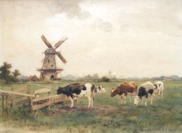 Groenewegen A.J.  | Landschap met grazende koeien, aquarel op papier 30,9 x 40,3 cm, gesigneerd r.o.