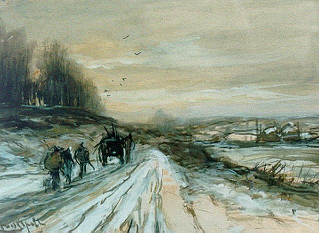 Louis Apol | Paard en wagen in een winterlandschap, gouache op papier, 16,0 x 21,8 cm, gesigneerd l.o.