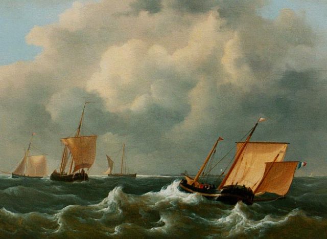 Frans Jacobus van den Blijk | Zeilschepen met loodsboot op volle zee, olieverf op paneel, 27,4 x 36,8 cm