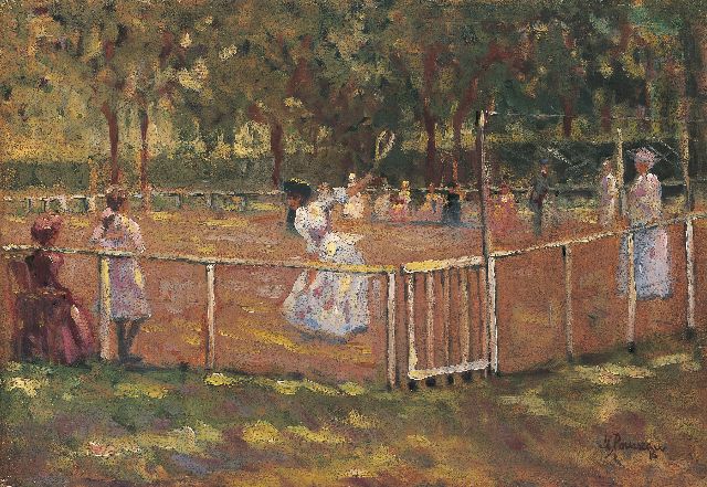 Marguerite Rousseau | De tennispartij (naar compositie van John Lavery), olieverf op paneel, 38,0 x 55,0 cm, gesigneerd r.o. en gedateerd '16