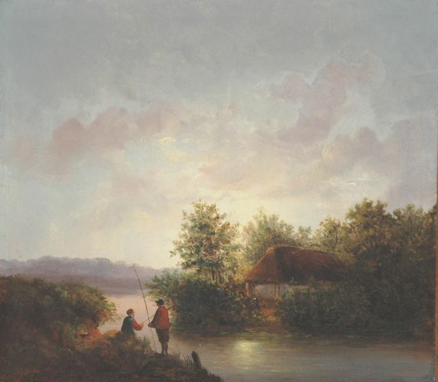 Hans J.G.  | Vissers in een rivierlandschap bij ondergaande zon, olieverf op paneel 27,1 x 31,1 cm, gesigneerd l.o. en gedateerd '47