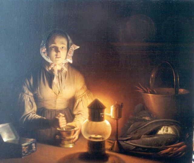 Petrus van Schendel | Jonge vrouw met een vijzel bij het licht van een snotneus, olieverf op paneel, 27,2 x 31,4 cm, gesigneerd r.m.