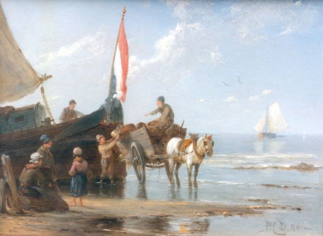 Pieter Cornelis  Dommershuijzen | Het uitladen van de visvangst, olieverf op paneel, 14,9 x 20,2 cm, gesigneerd mon en gedateerd '86