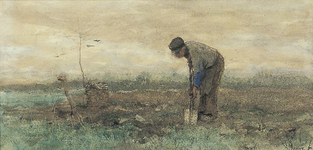 Anton Mauve | Werken op het land, aquarel op papier, 19,9 x 40,4 cm, gesigneerd r.o.