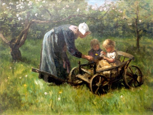 Kever J.S.H.  | Moeder met kinderen in appelboomgaard, olieverf op doek 47,5 x 62,0 cm, gesigneerd r.o.