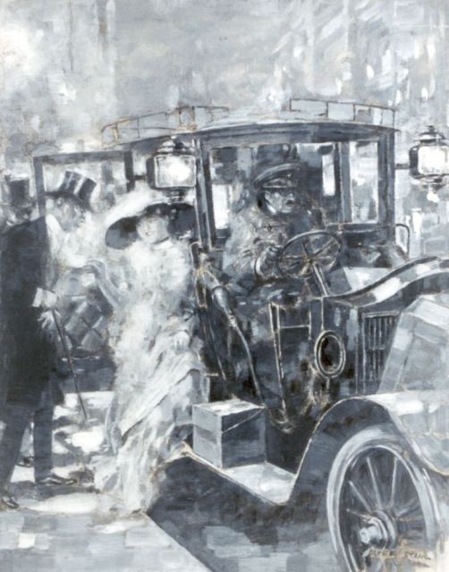 Friedrich Stahl | Naar het theater, gouache op karton, 17,5 x 22,5 cm, gesigneerd r.o.