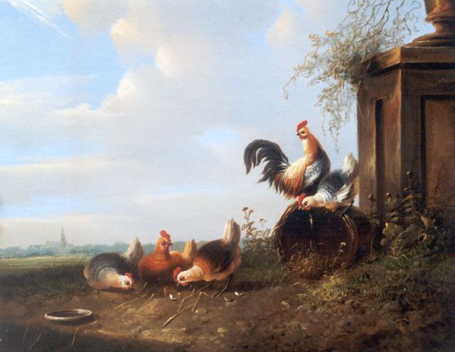Albertus Verhoesen | Kippen en een haan bij een broedkorf, olieverf op paneel, 19,6 x 23,9 cm, gesigneerd r.o.