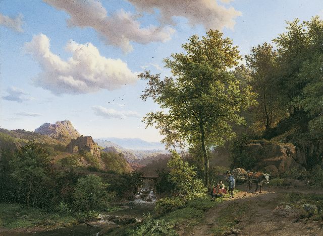 Koekkoek B.C.  | Heuvellandschap met rustend boerenvolk onder een eik, olieverf op paneel 38,5 x 51,9 cm, gesigneerd r.o. en gedateerd 1843