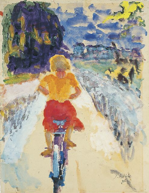 Jan Altink | Meisje op de fiets, aquarel op papier, 63,0 x 47,0 cm, gesigneerd r.o. en gedateerd '26