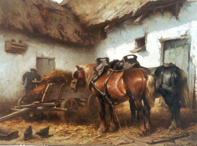 Wouter Verschuur jr. | Boer en werkpaarden op boerenerf, olieverf op paneel, 24,5 x 33,4 cm, gesigneerd r.o.