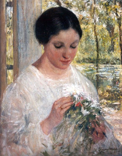 Simon Maris | Jonge vrouw met bos bloemen, olieverf op paneel, 30,8 x 24,1 cm, gesigneerd r.o.