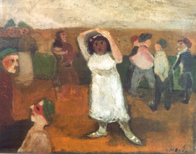 Han Mes | Carnavaleske figuren in een landschap, olieverf op doek, 24,2 x 30,3 cm, gesigneerd r.o. en gedateerd '62