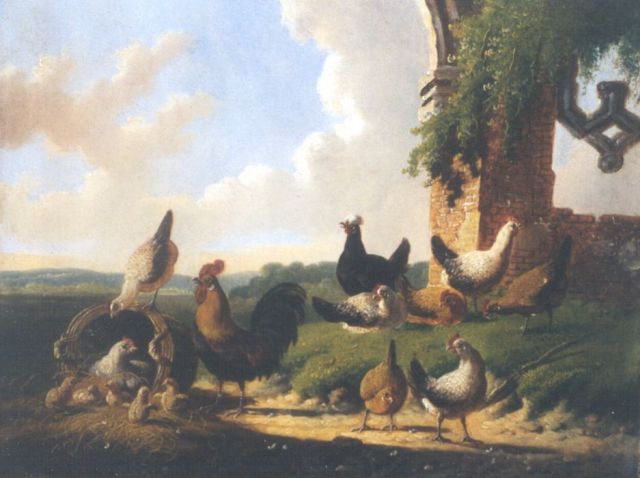 Albertus Verhoesen | Pluimvee bij een ruïne, olieverf op paneel, 18,2 x 23,7 cm, gesigneerd l.v.h.m. en gedateerd 1874