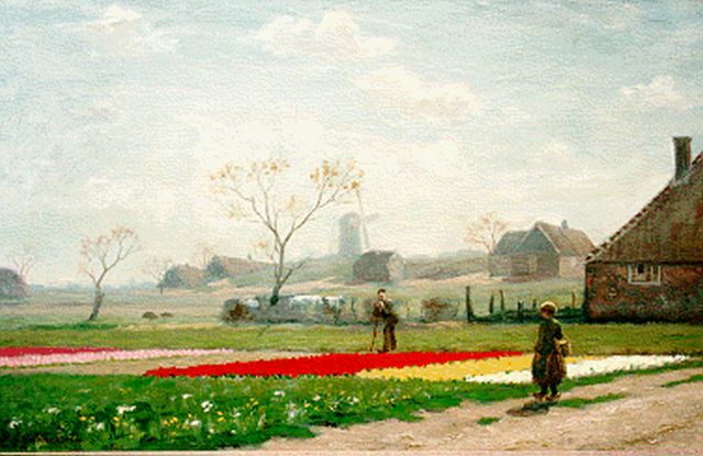 Anna Gildemeester | Bloembollenveld bij de boerderij, olieverf op doek, 46,0 x 72,0 cm, gesigneerd l.o.