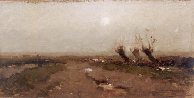Aris Knikker | Polderlandschap met knotwilgen, olieverf op doek op schildersboard, 18,4 x 34,7 cm, gesigneerd r.o.