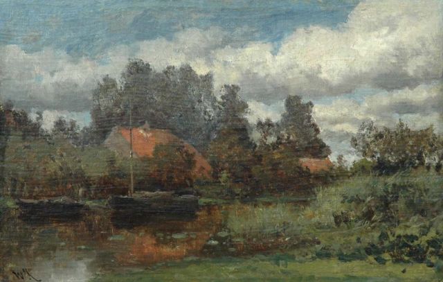 Willem Roelofs | Polderlandschap tussen Abcoude en Weesp, olieverf op doek op paneel, 26,9 x 41,8 cm