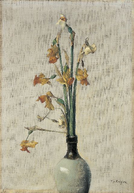 Fedor van Kregten | Narcissen in een vaas, olieverf op doek op paneel, 50,0 x 35,0 cm, gesigneerd r.o.
