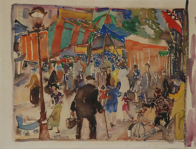 Sjoerd Visser | Koninginnedag, Amsterdam, potlood en aquarel op papier, 55,0 x 71,6 cm, gesigneerd l.v.h.m.