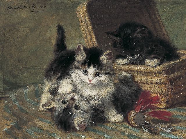 Henriette Ronner | Spelende jonge katjes, olieverf op paneel, 24,2 x 32,1 cm, gesigneerd l.b.