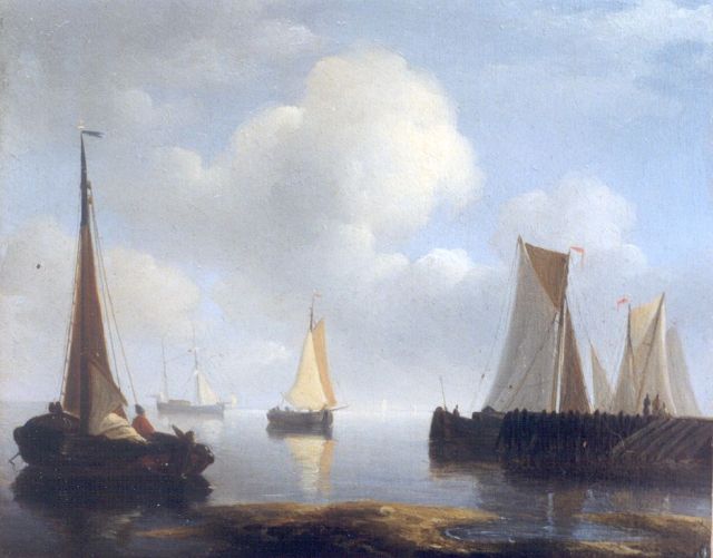 Petrus Johannes Schotel | Zeilschepen in een havenmond bij kalm weer, olieverf op paneel, 12,0 x 14,3 cm, gesigneerd verso