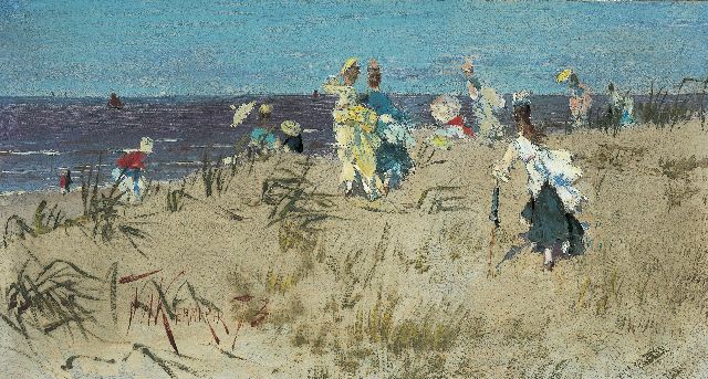 Frederik Hendrik Kaemmerer | Elegante dames in de duinen, olieverf op papier op doek, 15,5 x 27,4 cm, gesigneerd l.o. en gedateerd '73