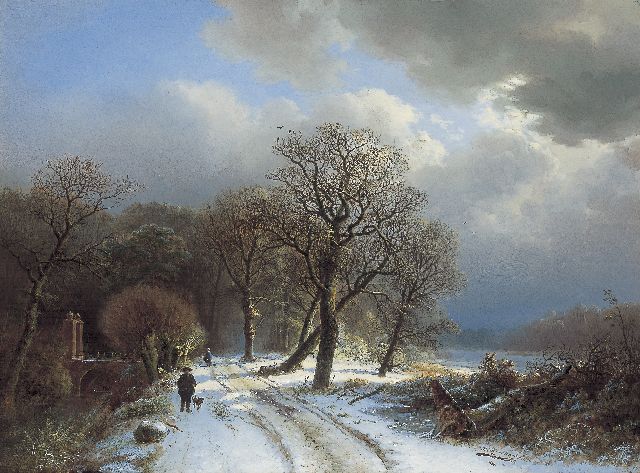 Barend Cornelis Koekkoek | Winters landschap met wandelaars, olieverf op paneel, 37,0 x 50,5 cm, gesigneerd r.o. en gedateerd 1834
