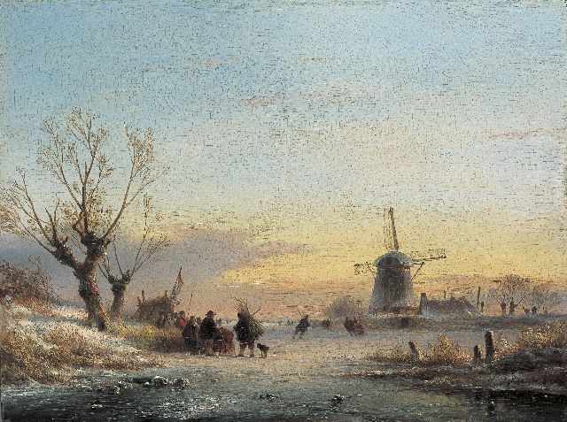 Lodewijk Johannes Kleijn | Schaatsers en wandelaars op het ijs bij een koek-en-zopie, olieverf op paneel, 27,7 x 37,0 cm, gesigneerd r.o.