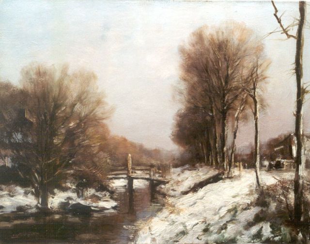 Louis Apol | Boogbrug in een besneeuwd landschap, olieverf op doek, 39,1 x 50,0 cm, gesigneerd l.o.