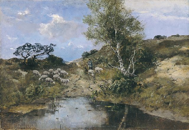 Johan Frederik Cornelis Scherrewitz | Schaapskudde in de duinen, olieverf op doek, 46,0 x 65,5 cm, gesigneerd l.o.