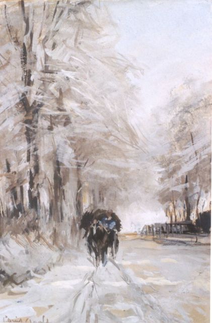 Louis Apol | Winters bosgezicht met paard en wagen, gouache op papier, 16,9 x 11,2 cm, gesigneerd l.o.