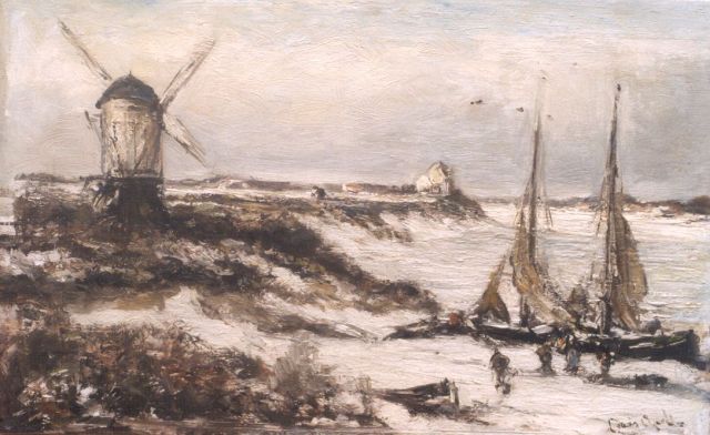 Louis Apol | Winterse kust met schepen, olieverf op doek, 31,8 x 50,0 cm, gesigneerd r.o.