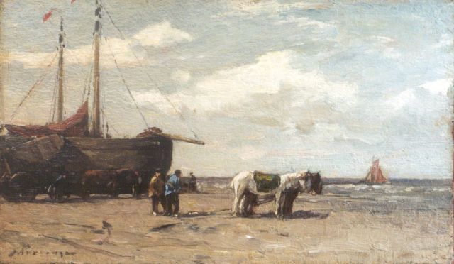 Johannes Evert Akkeringa | Bommen en schelpenkar op het strand, olieverf op paneel, 14,3 x 24,3 cm, gesigneerd l.o.