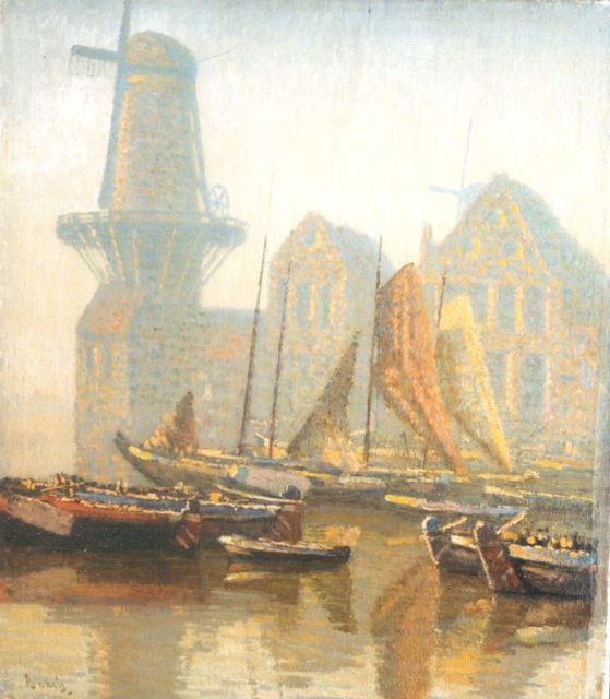 Reinier Sybrand Bakels | Vissersschepen met molen, Delfshaven, olieverf op doek, 64,0 x 55,1 cm, gesigneerd l.o.