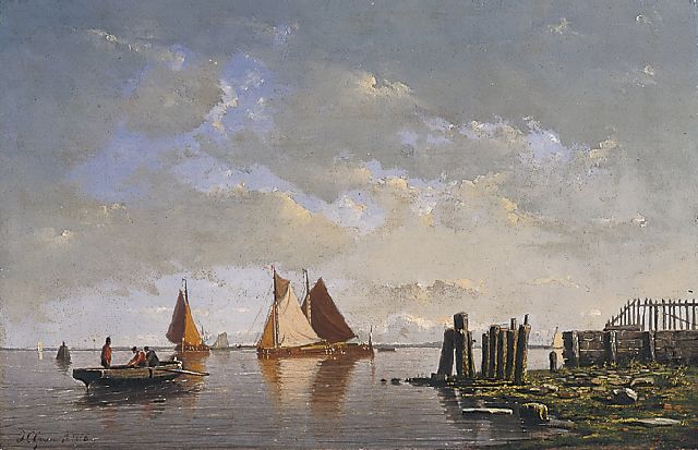 Coen Greive | Zeegezicht met aken en een roeiboot, olieverf op paneel, 22,0 x 33,4 cm, gesigneerd l.o. en gedateerd 1856