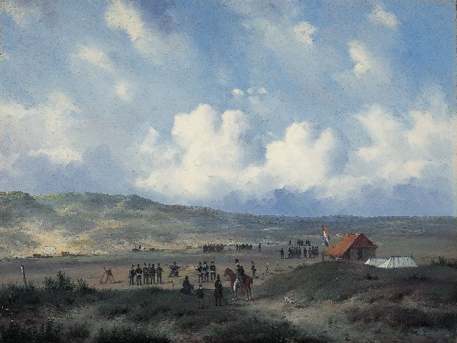 Carl Eduard Ahrendts | Infanterie schietkamp in de duinen bij Waalsdorp, olieverf op paneel, 33,0 x 43,7 cm, gesigneerd r.o. en te dateren na 1840