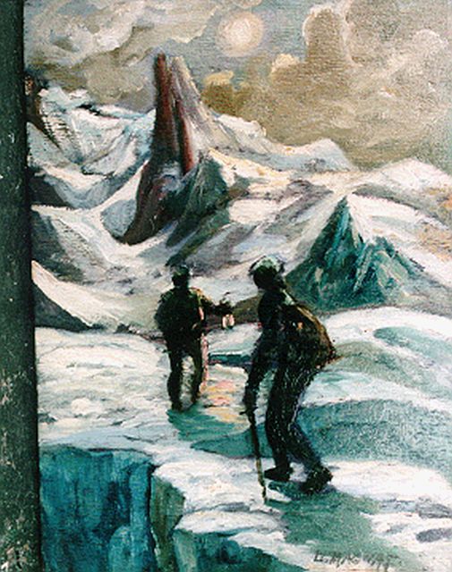 Louis Henri Magnat | Gletsjerwandeling bij lamplicht in de nacht, olieverf op paneel, 22,0 x 16,0 cm, gesigneerd r.o.