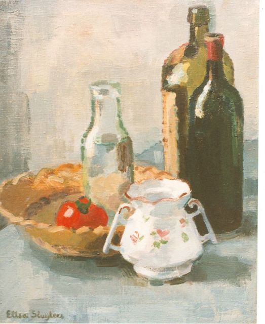 Louis Sluijters | Stilleven van flessen, kan en fruitschaal, olieverf op doek, 50,0 x 40,0 cm, gesigneerd l.o.