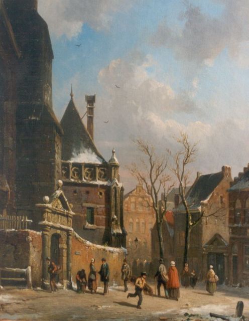 Adrianus Eversen | Winters stadsgezicht met figuren, olieverf op paneel, 30,0 x 23,6 cm, gesigneerd r.o.