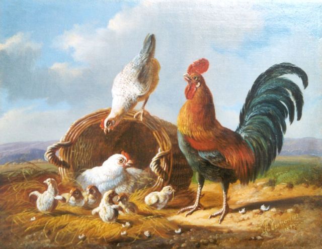 Albertus Verhoesen | Haan, kippen en kuikens bij een korf, olieverf op paneel, 14,1 x 18,1 cm, gesigneerd r.o. en gedateerd 1873
