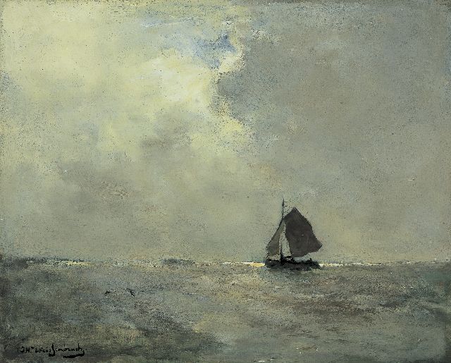 Jan Hendrik Weissenbruch | Zeilboot voor het strand, olieverf op doek, 39,6 x 49,3 cm, gesigneerd l.o.
