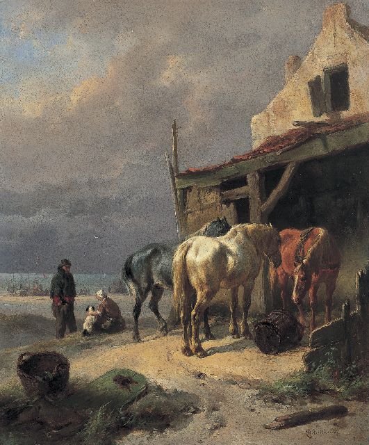 Wouterus Verschuur | Rustende trekpaarden bij het strand, olieverf op paneel, 27,1 x 22,5 cm, gesigneerd r.o.