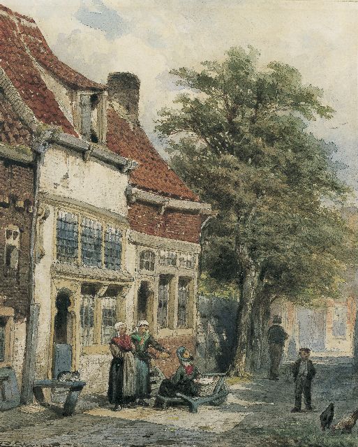 Cornelis Springer | Wasvrouwen in Oudhollands straatje, potlood en aquarel op papier, 24,6 x 19,8 cm, gesigneerd l.o. en gedateerd '75