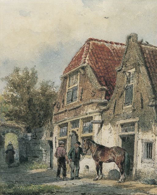 Cornelis Springer | Stalknechten met paard in een straatje, potlood en aquarel op papier, 24,6 x 19,8 cm, gesigneerd l.o. en gedateerd '75