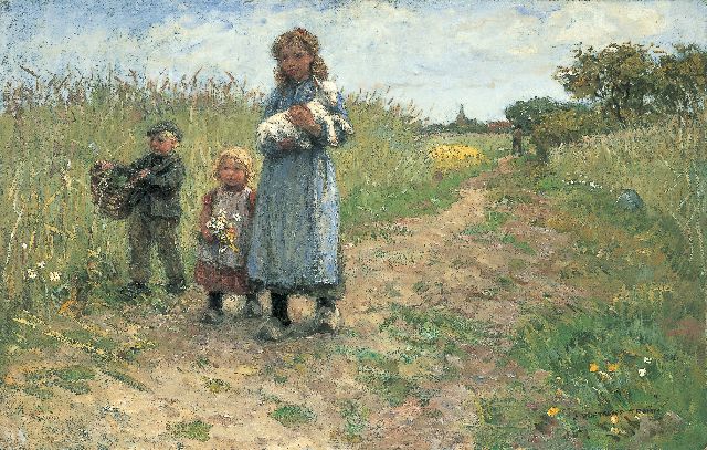 Jan Zoetelief Tromp | Wandelende kinderen met lammetje bij Blaricum, olieverf op doek, 63,5 x 99,3 cm, gesigneerd r.o.
