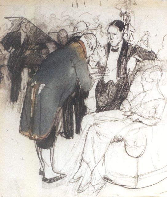 Leo Gestel | Het feest, zwart krijt en aquarel op papier, 21,4 x 18,1 cm